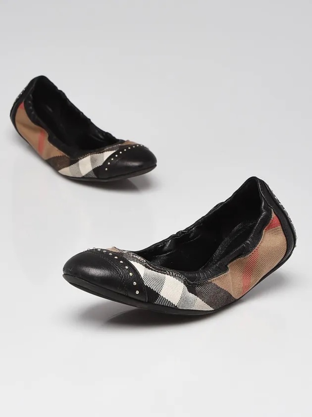 BURBERRY Classic Plaid Ballet Flats Black Beige Bridle House Check Canvas Sz 9.5